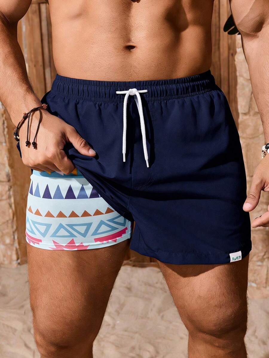 Zalmeno Men's Drawstring Waist Geometric Print Double Layer Beach Shorts - Navy Blue - View 1