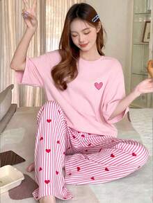 2件套少女甜美可爱优雅简约时尚新款粉色爱心圆领短袖上衣和粉色条纹爱心裤子休闲舒适睡衣 - 粉色 - 查看 9