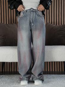 SAYEHFBABY Women's High Waist Pockets Rhinestone Embellished Wide Leg Loose Casual Jeans Bling Jeans Jeans Y2k Rhinestone Denim Sparkly Jeans Red Wash Denim Glitter Jeans Rhinestone Jeans Embellished Jeans - Medium Wash - View 1