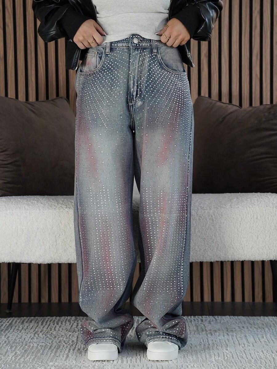 SAYEHFBABY Women's High Waist Pockets Rhinestone Embellished Wide Leg Loose Casual Jeans Bling Jeans Jeans Y2k Rhinestone Denim Sparkly Jeans Red Wash Denim Glitter Jeans Rhinestone Jeans Embellished Jeans - Medium Wash - View 1