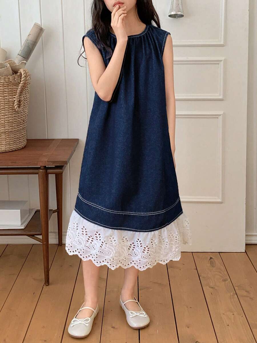 DAZY 少女夏季休闲度假撞色荷叶边下摆无袖牛仔连衣裙 - 藍色 - 查看 1