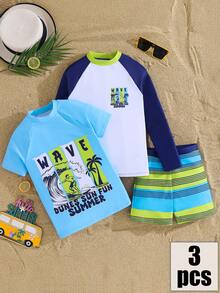 SHEIN 3pcs Kids/Tween Boys' Casual Versatile Printed Rash Guard Set, Including Crew Neck Short Sleeve Swimsuit, Long Sleeve Wetsuit, And Printed Swim Trunks - Multicolor - View 4
