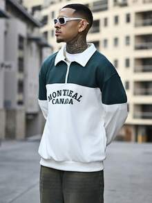 Devon Thys Men's Pullover Quarter Zip Sweatshirt With Letter Print Patchwork, Fashion Long Sleeve Loose Fit Lightweight Sweatshirt, Spring/Autumn - Army Green - View 2