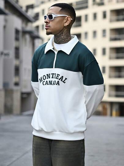 Devon Thys Men's Pullover Quarter Zip Sweatshirt With Letter Print Patchwork, Fashion Long Sleeve Loose Fit Lightweight Sweatshirt, Spring/Autumn