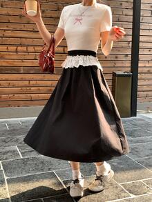 DAZY Rok Kasual Wanita dengan Blok Warna dan Hiasan Renda, Musim Semi/Panas - Hitam - View 5