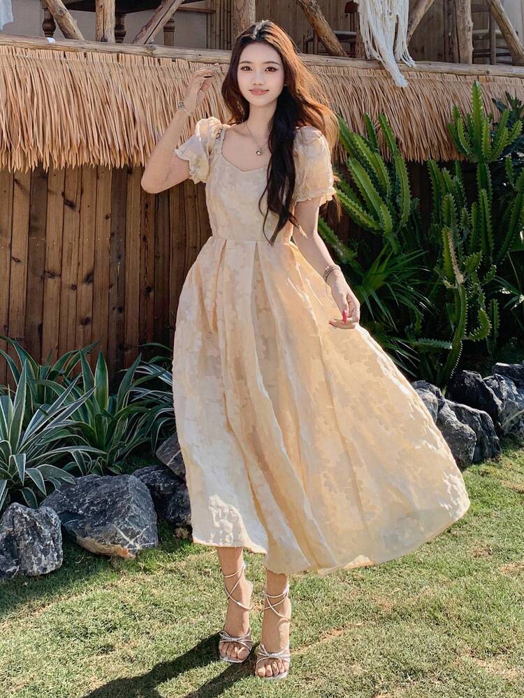 Women's Puff Sleeve Party Birthday Korean Style Floral Elegant Long Dress Sundress