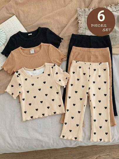 LMoss Kids LMoss   6pcs Baby Girl Knitted Solid Color Heart Pattern Round Neck Casual T-Shirt And Pants Set, Toddler Girl Cute Vintage Style Sets Cute Toddler Sets Girl Clothes Sets
