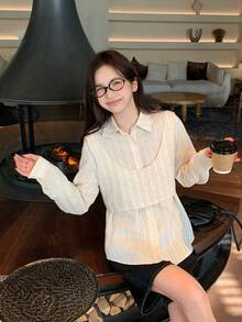 DAZY Women's Striped Lapel Long Sleeve 2 Pieces Shirt Set, Spring/Summer - Apricot - View 5