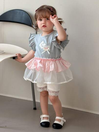 DAZY 女婴/幼儿条纹韩版舒适蕾丝拼接裤