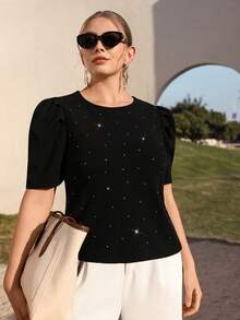 Juhart 大码纯色泡泡袖时尚水钻装饰女式T恤 - 黑色 - 查看 3