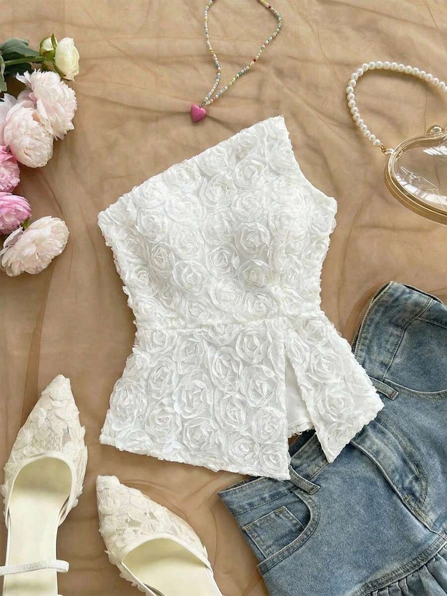 Firerie Women's Elegant & Refined Romantic Atmosphere Valentine's Day Date Party Wedding Guest Asymmetrical Hem Rose Texture Fabric Fitted X-Shape White Bandeau Top - White - View 1