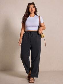 Elaquor Quần dài nữ cỡ lớn, màu trơn, cạp chun co giãn, có dây rút, kiểu dáng casual, có túi, đa năng cho mặc hàng ngày, mùa xuân, đi nghỉ mát. - màu đen - Xem 4