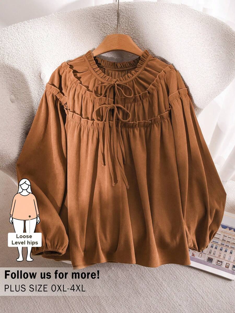 CosyJoli Plus Size Women's Solid Color Frill Trim Front Tie Long Sleeve Fashionable Blouse Coffee Brown Top Lantern Sleeve Blouse Brown Blouses - Brown - View 1
