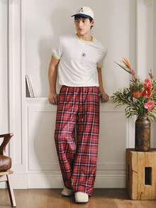 SWAVVY 男士休闲抽绳腰宽松格子裤 - 紅色 - 查看 7