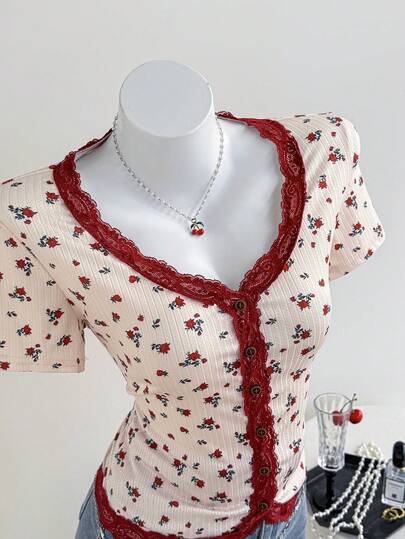 Elamini Women's Fashion Casual Lace Patchwork Print Short Sleeve T-Shirt