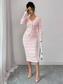 Elenzga Elegant Commuter Chic Elastic Tweed Silver Thread Texture Suit, Pearl Button Cardigan V-Neck T-Shirt Slim Fit + Elastic Waist A-Line Skirt, Women 2-Piece Set, Autumn/Winter - Multicolor - View 5