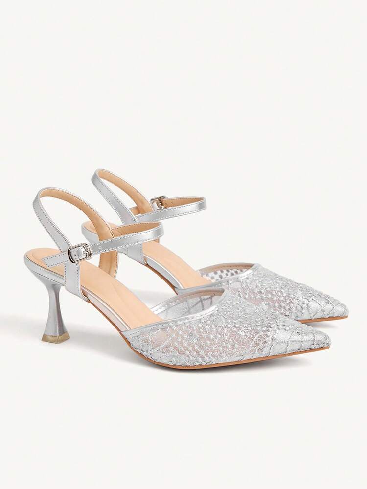 CUCCOO CHICEST Women's Pointed Toe Silver Embroidered Mesh Ankle Strap Comfortable Breathable Fashion Elegant Party Banquet High Heel Pumps Wedding Shoes Summer Shoes Bride Shoes