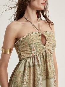 Aveloria Modichic Vestido largo con cuello de corbata y escote en V con estampado colorido, con un estilo romántico distintivo, diseño dividido para un movimiento elegante, adecuado para el verano y las vacaciones - Multicolor - Ver 1