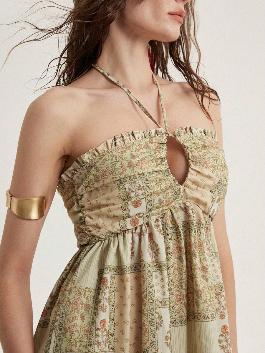 Aveloria Modichic Vestido largo con cuello de corbata y escote en V con estampado colorido, con un estilo romántico distintivo, diseño dividido para un movimiento elegante, adecuado para el verano y las vacaciones - Multicolor - Ver 1