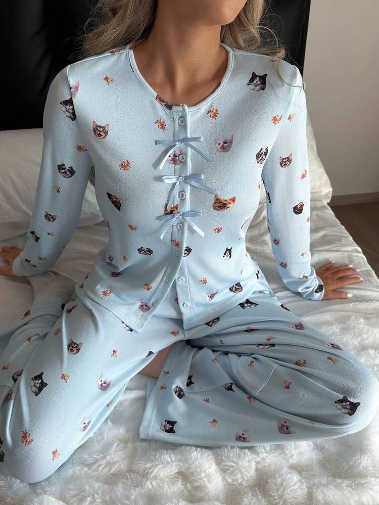 Cute Bow Decor Cat & Dog Print Women Pajama Set