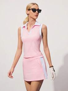 CourtClass Women's Golf Sleeveless Polo Shirt And High Waist A-Line Skirt Golf Outfit - Pink - View 4