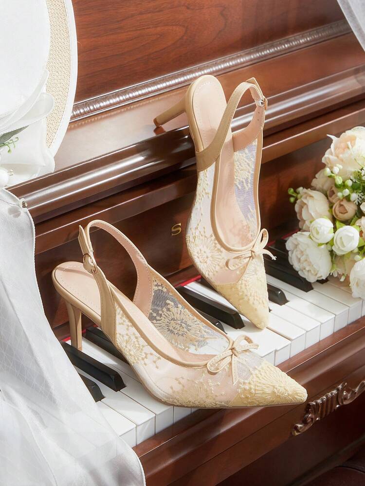 CUCCOO HITCHD Women's Elegant Party Pumps With Embroidery, Mesh And Bow Decor Valentine's Day Elegant Shoes Wedding Shoes Summer Shoes Bride Shoes