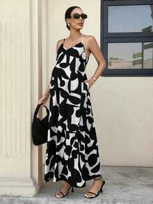 MaterniWear 孕妇V领几何印花休闲度假派对外出无袖连衣裙 - 黑與白 - 查看 1
