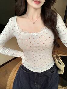 DAZY 女士蕾丝拼接豹纹长袖修身T恤 - 白色 - 查看 2