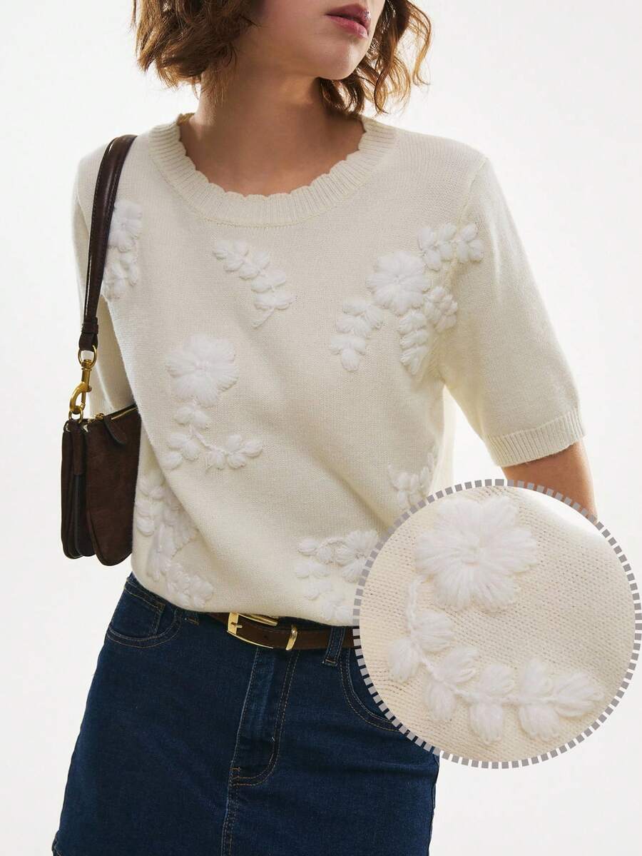 Poéselle 奶油色3D立体花卉针织上衣 - 短袖刺绣毛衣，轻松打造春日造型，女士休闲印花短袖针织上衣，适合日常通勤和度假穿着 - 杏色 - 查看 1