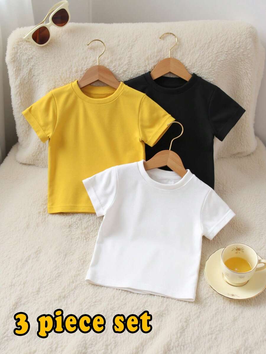 SHEIN 三件套女童百搭圆领短袖T恤,黑色、白色、黄色可选,休闲简约,可爱百搭,适合上学、运动、日常穿着,春、夏、秋季皆宜。 - 粉色 - 查看 1