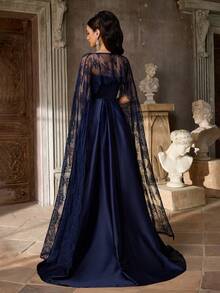 Aureia Đầm maxi dáng đuôi cá không dây vai, cổ áo choàng, chất liệu satin màu kem, kiểu dáng thanh lịch tối giản, thêu ren Pháp, thích hợp cho nữ giới. - Màu xanh hải quân - Xem 12