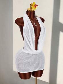 Amplova 女士纯色深V领性感吊带迷你连衣裙 - 白色 - 查看 5