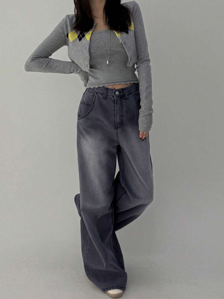 Vintage High Waist Loose Straight Leg Washed Denim Jeans For Women