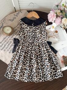 SHEIN 少女时尚夏季豹纹蝴蝶结领A字公主裙，豹纹连衣裙，优雅、可爱、休闲，适合外出、街头穿搭、节日及各种场合。 - 彩色 - 查看 2