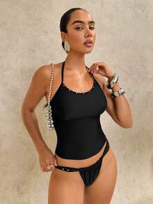 Swim Glamine Women's Solid Color Rivet Decor Halter Backless Top And Triangle Bottoms Tankini Set - Black - View 1