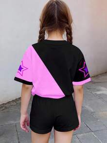 女童卡通字母印花圆领短袖T恤和短裤休闲夏季套装，适合日常穿着、户外野餐、街头风、居家、上学等场合。 - 彩色 - 查看 2