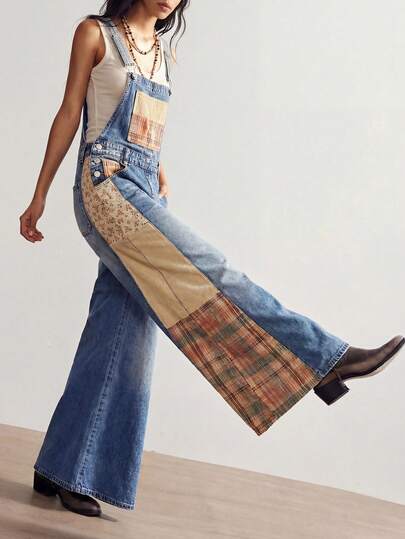 Bohemela Quần yếm và áo liền quần kiểu Bohemian dành cho nữ, quần dài rộng, quần jeans kẻ caro ghép mảnh, thiết kế dây đeo vai có thể điều chỉnh, màu xanh lam cổ điển, quần yếm thường ngày.