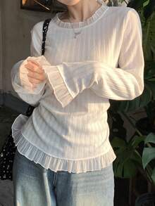 DAZY Women's Casual Solid Color Mesh Patchwork Ruffle Hem T-Shirt, Spring/Autumn,Going Out Tops For Women - White - View 3