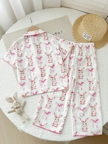 LMoss Kids 2件套 女童可爱蝴蝶结兔子图案翻领纽扣短袖宽松舒适梭织睡衣套装 - 彩色 - 查看 2