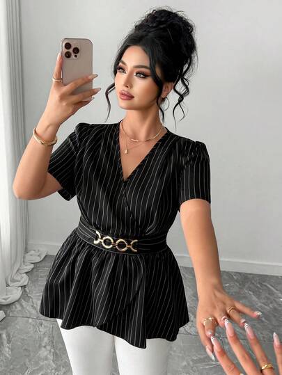 Elenzga 大码女式V领腰部金属装饰休闲条纹短袖衬衫