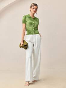 BizChic Áo dệt kim tay ngắn, cổ bẻ, cài cúc phía trước, kẻ sọc xanh lá cây, đa năng cho mùa xuân/hè, phù hợp cho Lễ Phục Sinh, Ngày Thánh Patrick, phong cách thường ngày, lãng mạn, retro thập niên 90, tiệc tùng, đi biển, lễ tốt nghiệp, kỳ nghỉ, khách dự đám cưới, bữa ăn sáng muộn, sân bay và nhiều dịp khác. - màu xanh lá - Xem 3