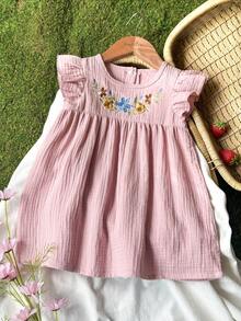 SHEIN Vintaside Kids 1pc Baby Girls' Summer Dresses New Round Neck Ruched Squishy Fabric Ruffle Sleeve Front Embroidered Half Open Back Hem Pink Simple Versatile Pastoral Sweet Cute Princess Dress - Pink - View 3