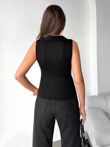 SHEIN Black And White Rib Knit Sleeveless Polo Embroidery Collar Top With Fitted Waist And Minimalist Design For Women - White - View 5