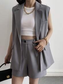 Strévra Women's Casual Collared Sleeveless Jacket And Shorts 2 Pieces Set - Grey - View 5