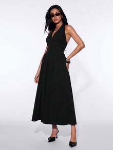 SHEIN ICON Y2k Women's Black Sexy Gown For Prom Night Party Club Princess Solid Color V-Neck Cinched Waist Backless Elegant Halter Long Dress,Spring To Summer Black Vacation Dress Black Sundress Women Black Summer Dress Women Long Black Elegant Dress Black Maxi Dress - Black - View 5