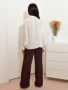 Mima John Women's High Neck Long Sleeve Tie Cuff Elegant Chic Commuter Blouse With Bowknot - Apricot - View 2