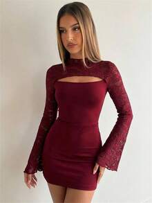 Aloruh Đầm mini ôm sát gợi cảm với ren tương phản khoét lỗ dành cho nữ - Màu Đỏ Sâu - Xem 2