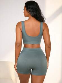 NudeFit 无缝吊带文胸套装，搭配弹力内裤，军绿色，经典麦穗图案内衣 - 軍綠色 - 查看 2