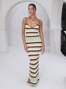 juhmazzocco 女士新款针织连衣裙，交叉吊带露背钩针连衣裙，条纹波西米亚连衣裙，度假连衣裙，秋冬女士优雅连衣裙 - 彩色 - 查看 1