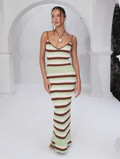 juhmazzocco 女士新款针织连衣裙，交叉吊带露背钩针连衣裙，条纹波西米亚连衣裙，度假连衣裙，秋冬女士优雅连衣裙